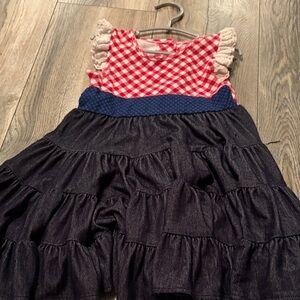 Girls Red Gingham & Navy Tiered Sundress with Cream Ruffles